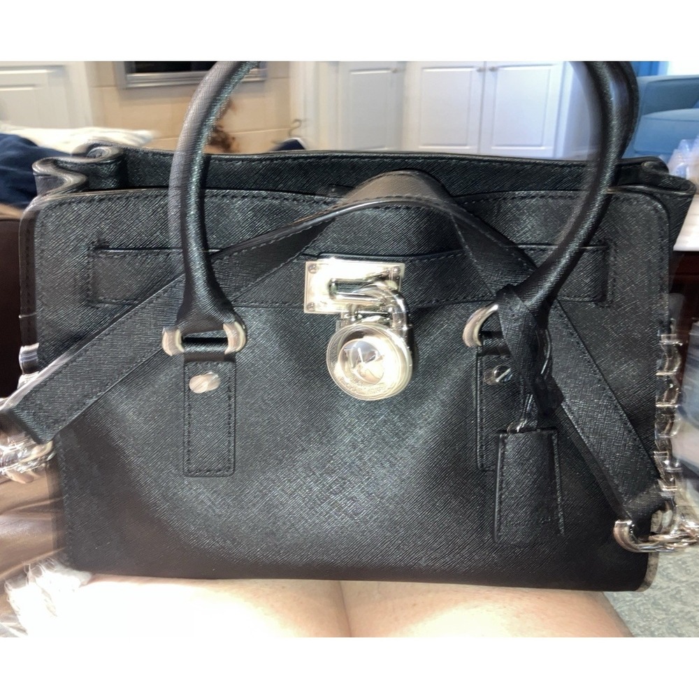 Michael Kors Hamilton Black Leather Satchel Bag Partial  Chain Strap Lock & Key